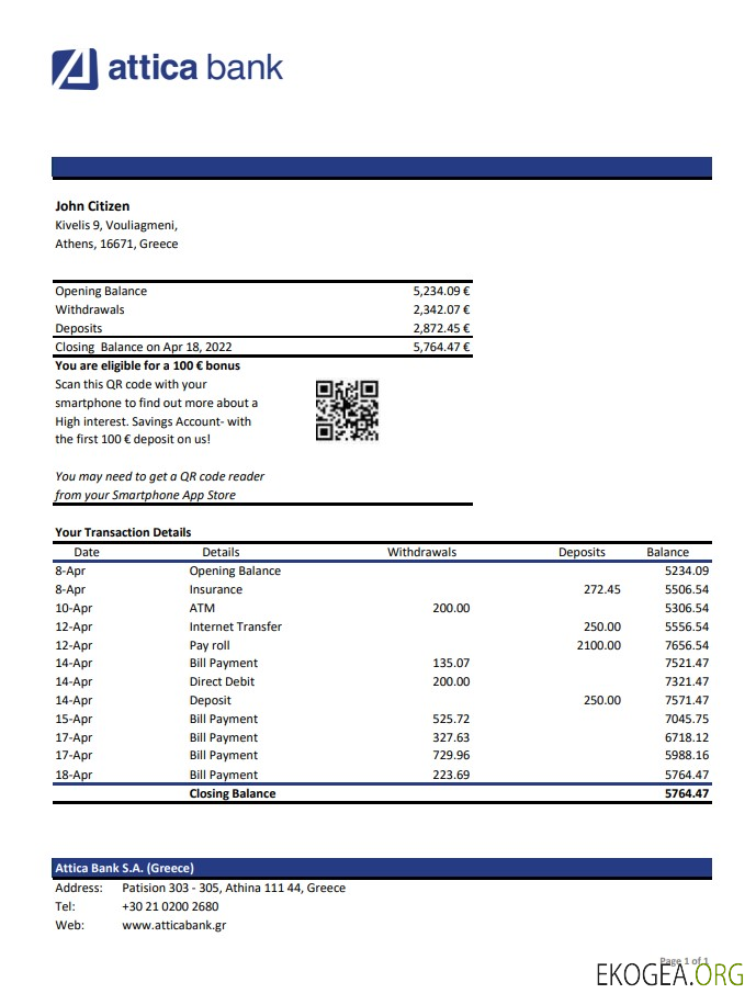 Relevé bancaire de l'Attique en Grèce